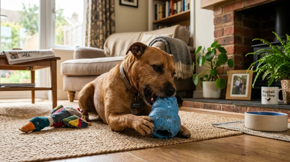 Happy dog chewing a durable blue rubber chew toy
