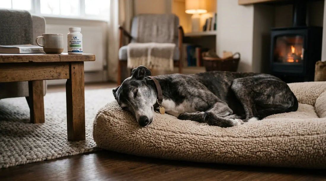 Calm relaxed dog lying on a soft bed