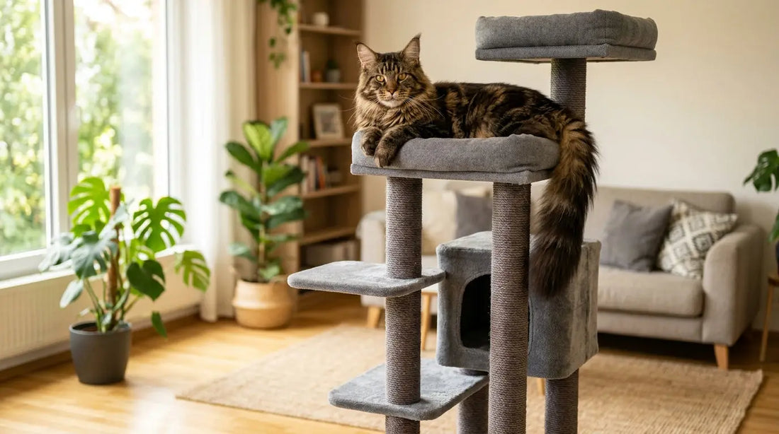 Large Maine Coon cat on a tall modern cat tree