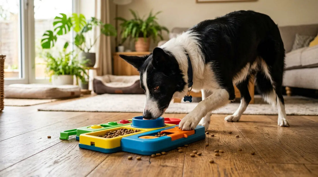 Border collie playing with a puzzle feeder toy