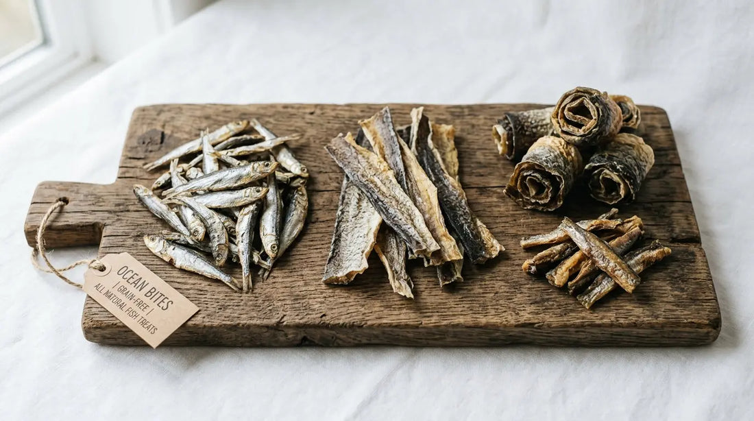 Dried fish dog treats on a wooden board