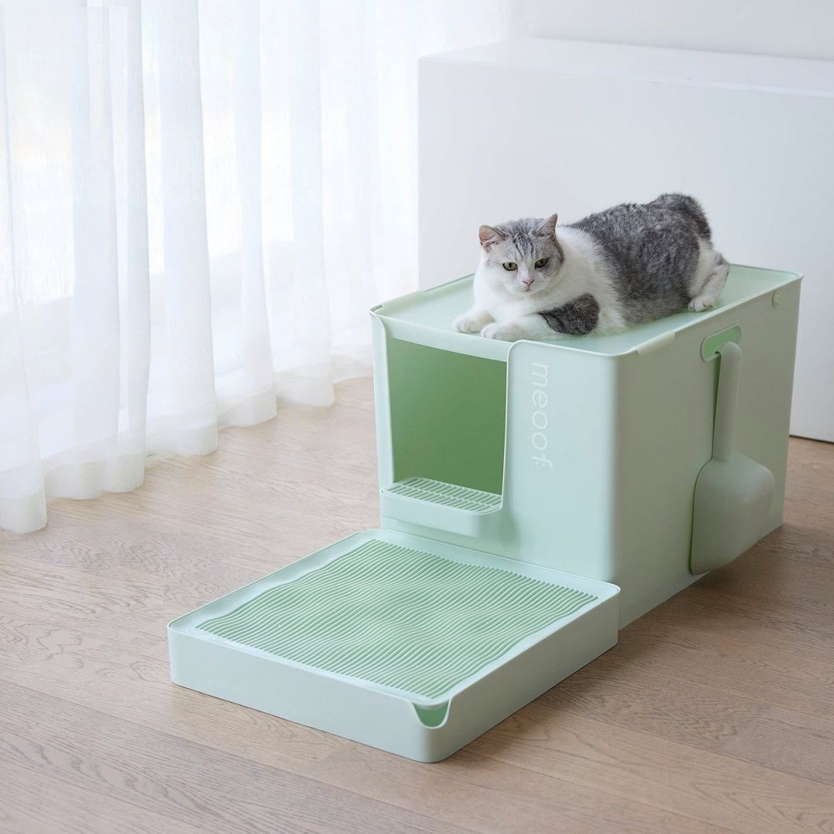 Extra Large Semi-Enclosed Cat Litter Box with Step & Scoop Set