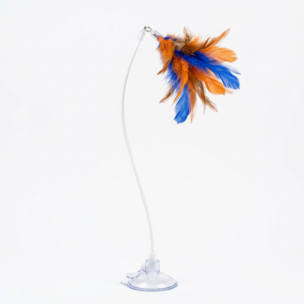 Cat wand tease toy with clear suction cup base and colourful feather attachment