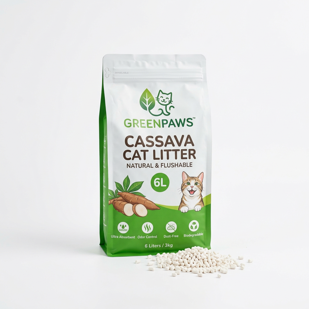 Cococat cassava cat litter in white and green 6L bag with pellets in front