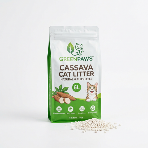 Cococat cassava cat litter in white and green 6L bag with pellets in front