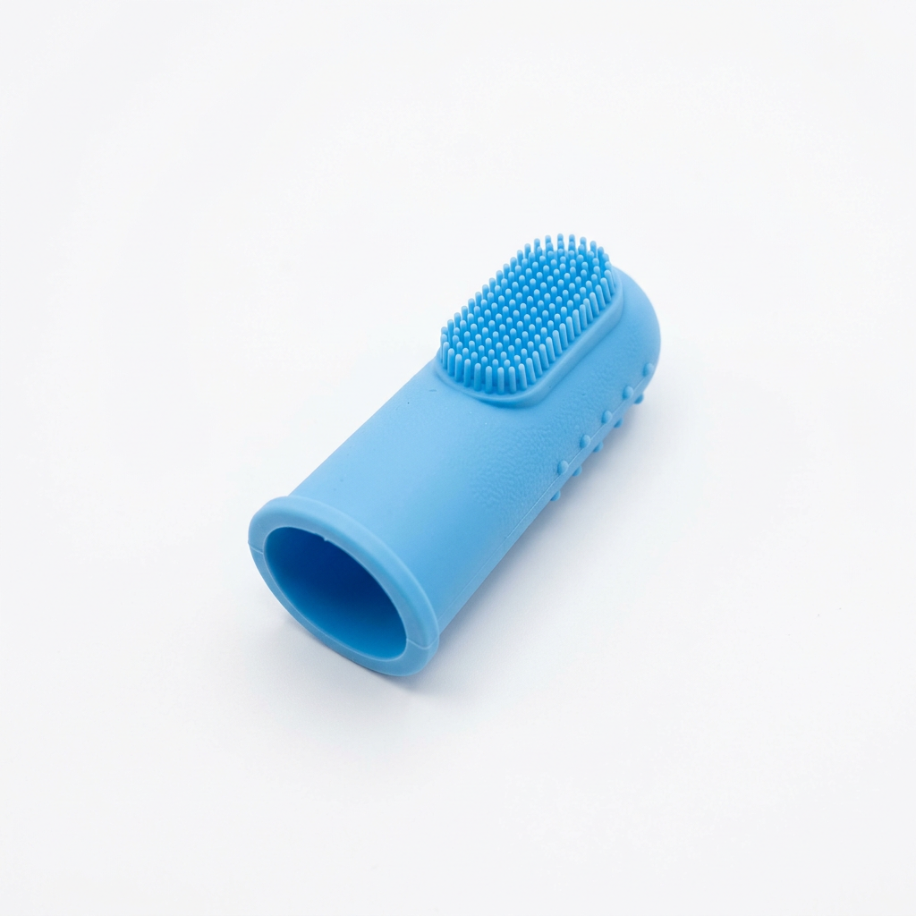 Blue silicone dog finger toothbrush with soft bristles
