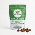 Dog joint supplement chews in green and white resealable pouch with chews in front
