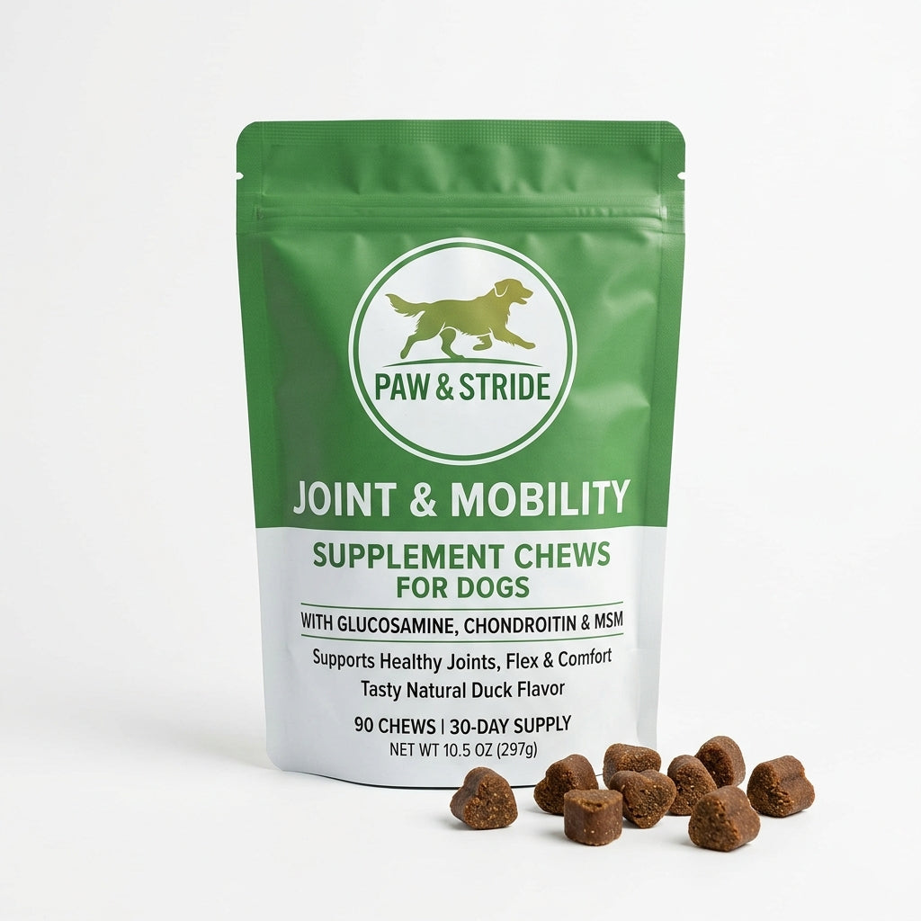 Dog joint supplement chews in green and white resealable pouch with chews in front