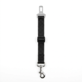 Adjustable dog seat belt tether with black nylon strap, chrome buckle clip and carabiner
