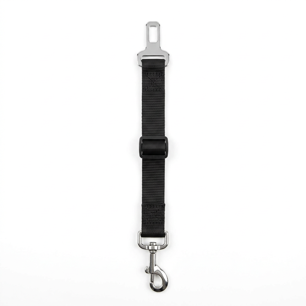 Adjustable dog seat belt tether with black nylon strap, chrome buckle clip and carabiner